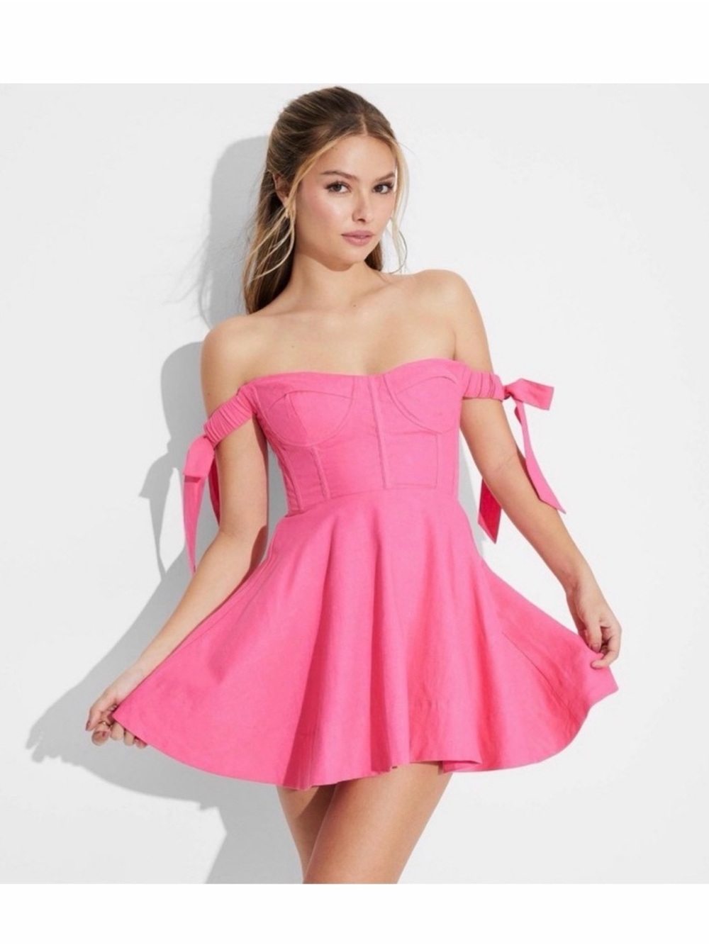 Megan Moroney Skater Mini Dress Size XL Hot Pink Linen Blend Off Shoulder NWT
